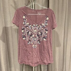 Style & Co. Mauve V-Neck Tee with Embroidered Floral Panel